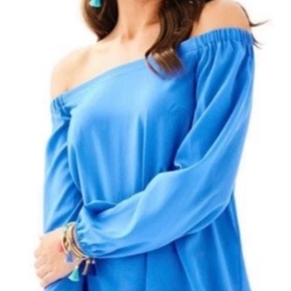 Lilly Pulitzer silk/ spandex Blue Off-Shoulder Bishop Sleeve Blouse XS